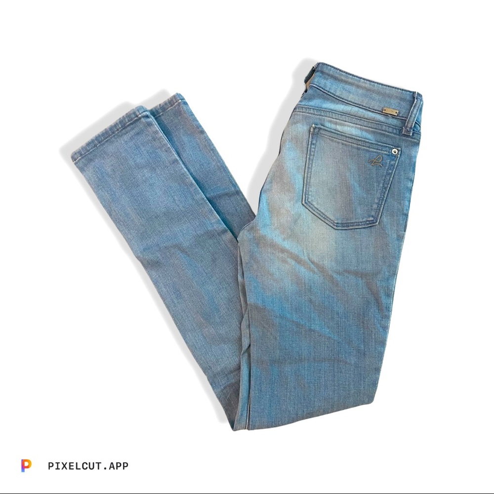 Banded waist w/ belt loops Zip w/ button closure. 5-pocket, silver hardware.